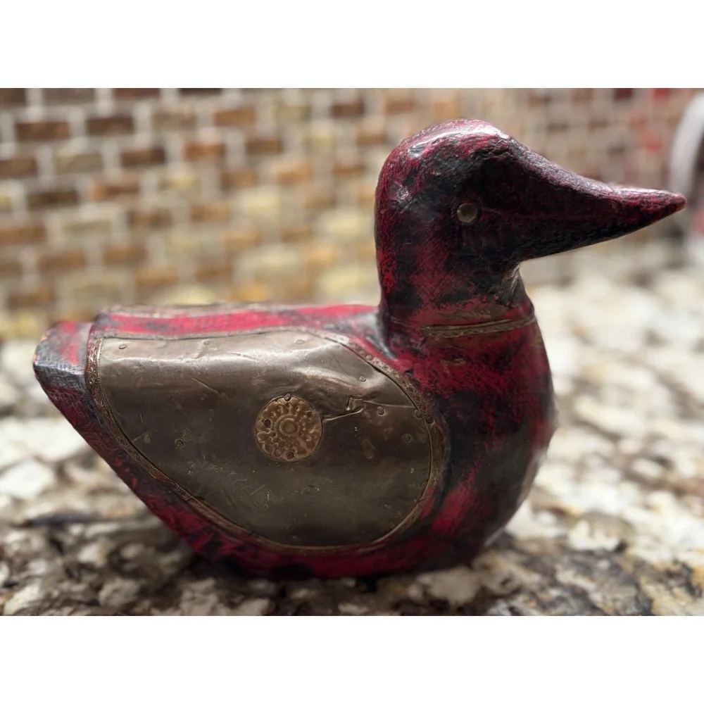 Vintage DUCK Hand Carved Wooden Copper figurine 5 1/2 H 8' L